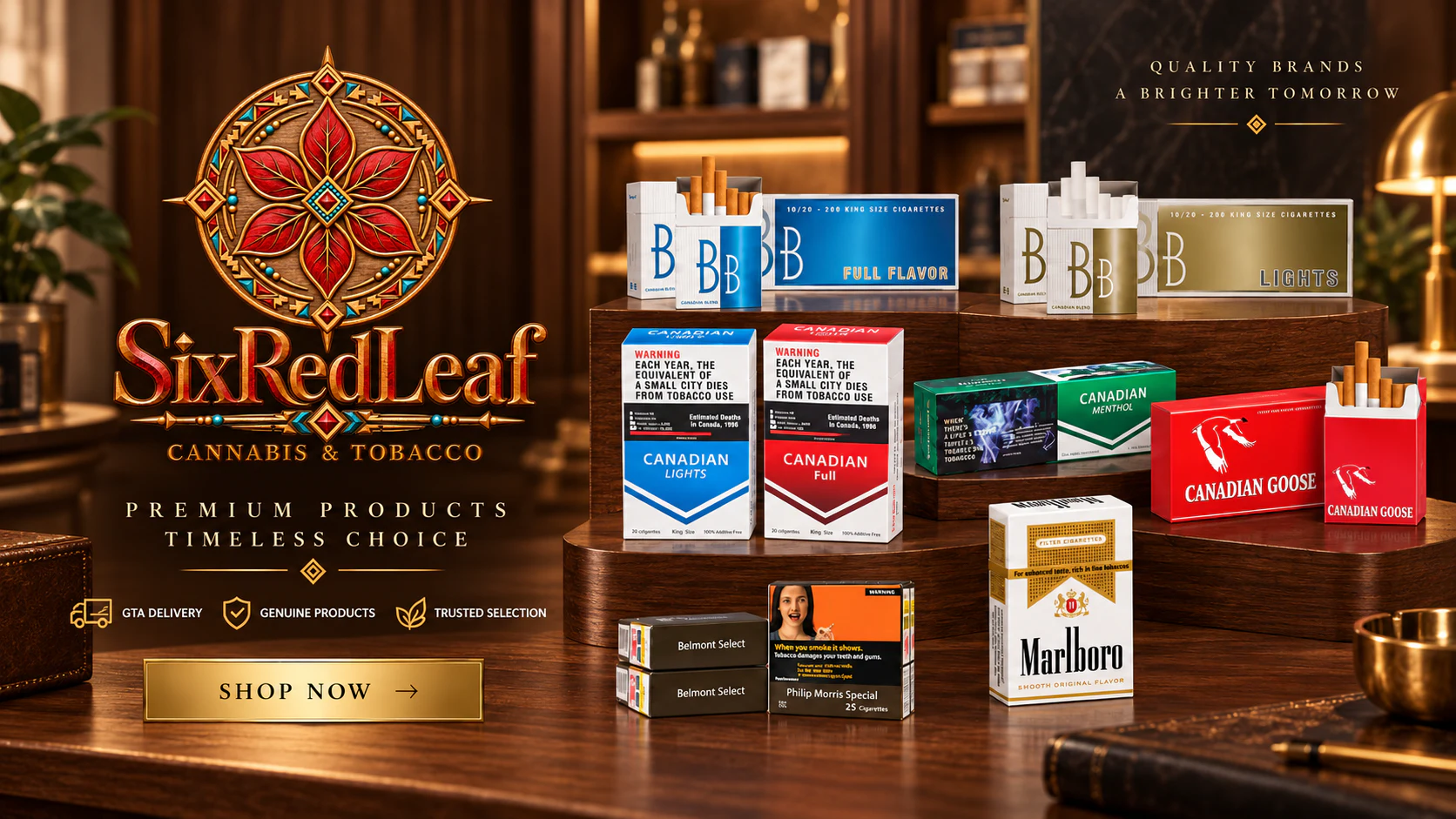 SixRedLeaf premium native cigarette collection displayed on rich dark wood